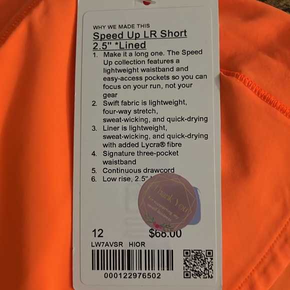 LULULEMON SPEED UP LOW RISE SHORT 2.5” SIZE 12 ORANGE COLOR NWT - Picture 6 of 6